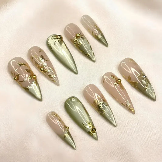 Gold Chrome Press On Nails, Sage Green Metallic Art, Elegant Nude Jelly Nails, Luxury