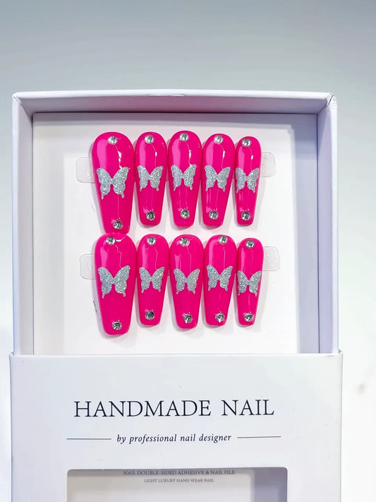 Long Pink Silver Coffin Solid color Butterfly Rhinestone