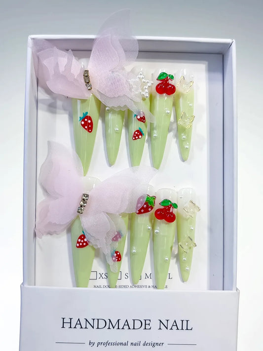 Long Green Red Stiletto Solid color Bow Strawberry