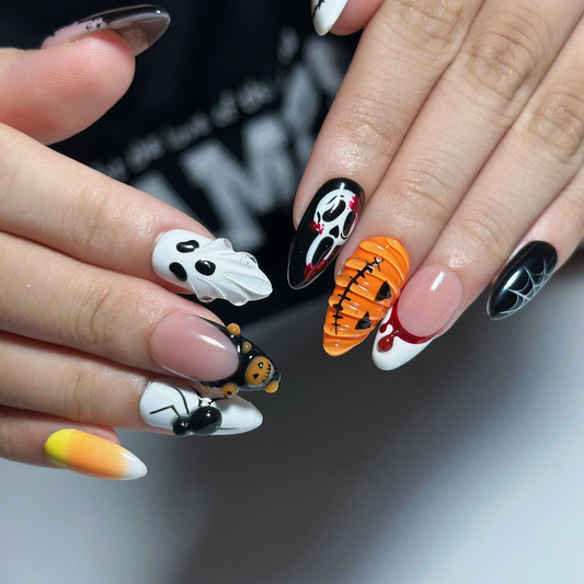 Spooky Halloween Press On Nails with Ghost, Pumpkin Spider Web and Bat Nail Art