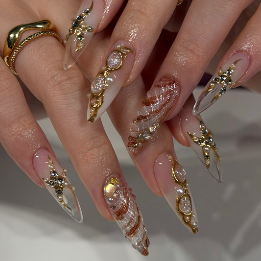 Beach Vacation Press On Nails – Luxury Gold Pearl Seashell Stiletto Fake Nails