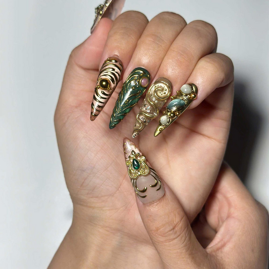 Emerald Jewelry Press On Nails, Gold Chrome Gemstone Nail Set, Ornate Baroque Fantasy