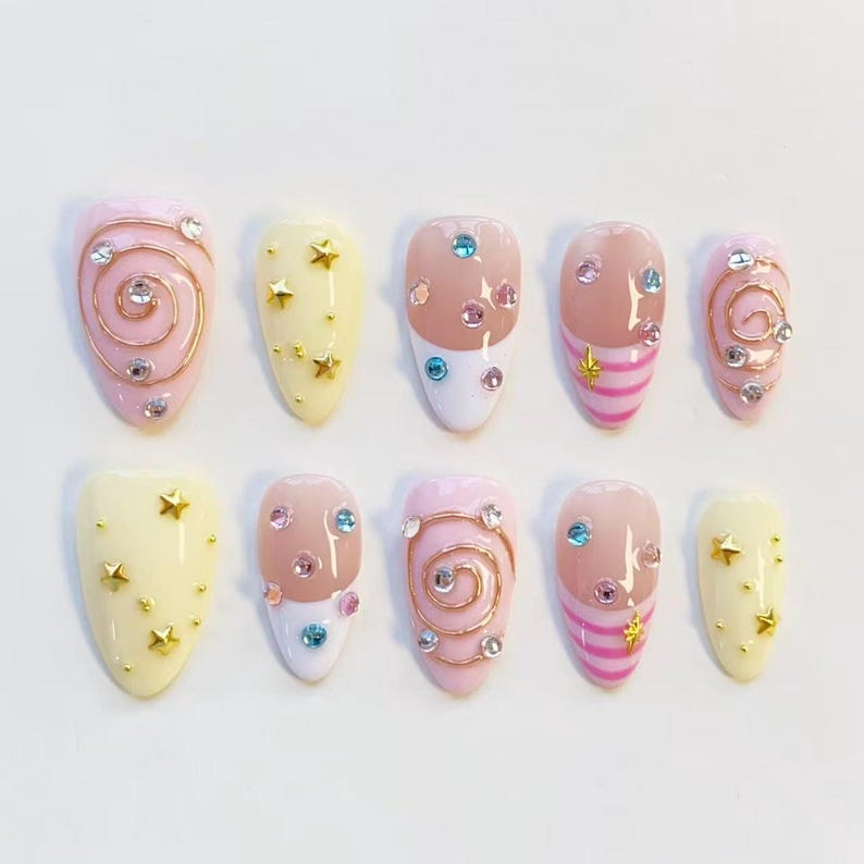 Pink Yellow Swirl Star Nails