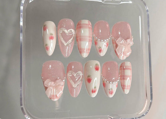 Dreamy Pink Press On Nails, Nail Set With Strawberry Design, Cute Bow and Heart Nail