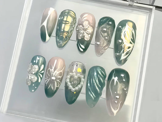 Delicate Blooms Press On Nails, Heart-shaped Pearl Charms On Fake Nails, Green Leaf