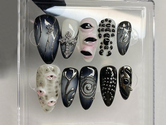 Cool Gothic-inspired Press On Nails, Goth Dark Blue Almond Nails, 3D Gel Nail with Eye