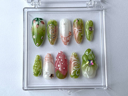 Spring Garden Press On Nails, Floral and Greenery Nail Art, Nail Set With Strawberry