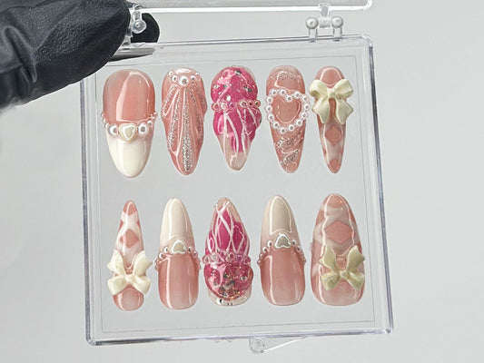 Romantic Bows Press On Nails, Custom Pearl and Glitter Patterns On Fake Nails, French