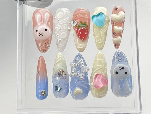 Cartoon Miffy Press On Nails, Heartbeat Nails Press On, Pink 3D Nail Art, Strawberry