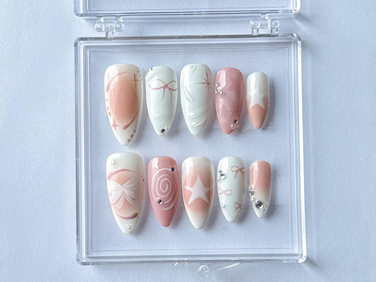 Pearly Pink Y2K Press On Nails Cute 3D Bow Gel Nails Handmade Gift for Her OB21L