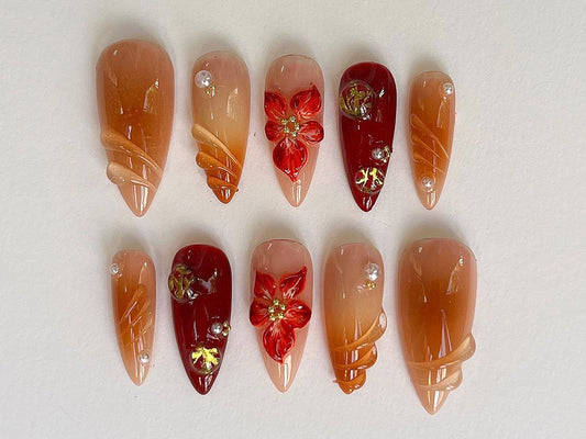 Custom Flower Fairycore Nails, Press On Nails Almond, Dreamy 3D Orchad Floral Press-Ons