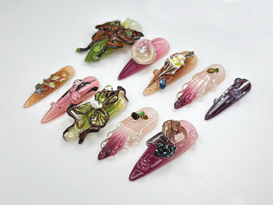 3D Abstract Garden Press On Nails | Surreal Naturecore Nails | Handmade Butterfly & Bloom Set | Artcore Forest Nails | JB883HC