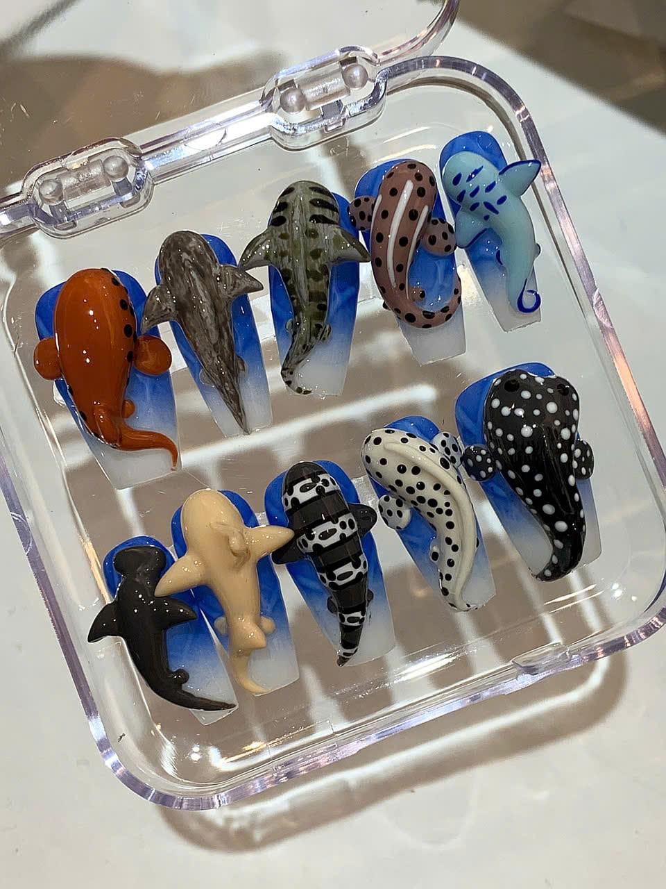 3D Shark Press On Nails: Handmade Ocean Animal Nail Art Set