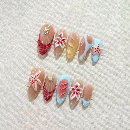 3D Beach Nails Starfish Design, Summer Press On Nails, Handmade Ocean Theme Nails