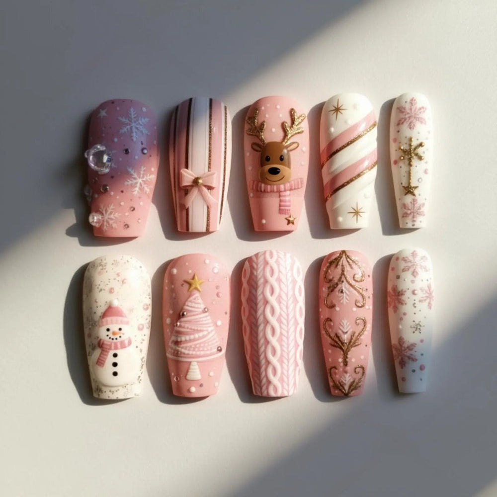Pink Christmas Press On Nails, Snowman Reindeer Snowflake & Sweater Nail Art