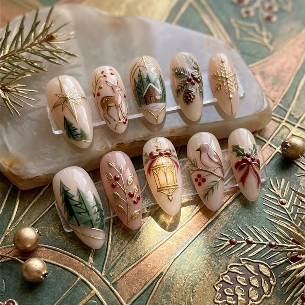 Christmas Press On Nails, Woodland Deer Pine Tree Snowflake & Red Bow Nail Art