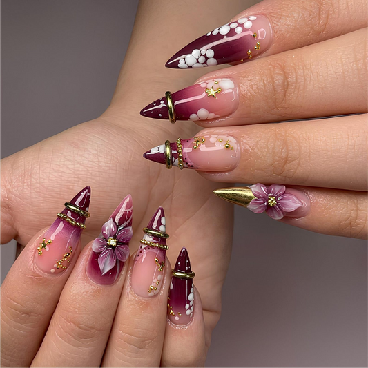 Burgundy Floral Press On Nails, 3D Flower Gold Ring Nails, Coquette Cherry Blossom