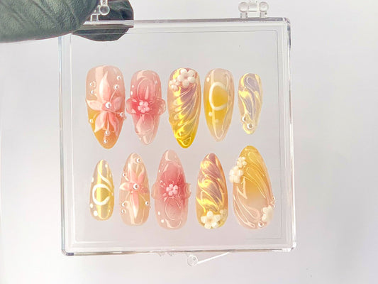 Floral Fantasy Press On Nails, Golden Elegance Fake nails, Chic Blossoms Nail Art