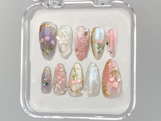 Dreamy Press On Nails Almond, Jelly Pastel Tulip Nail Art, 3D FairyCore Flower Press