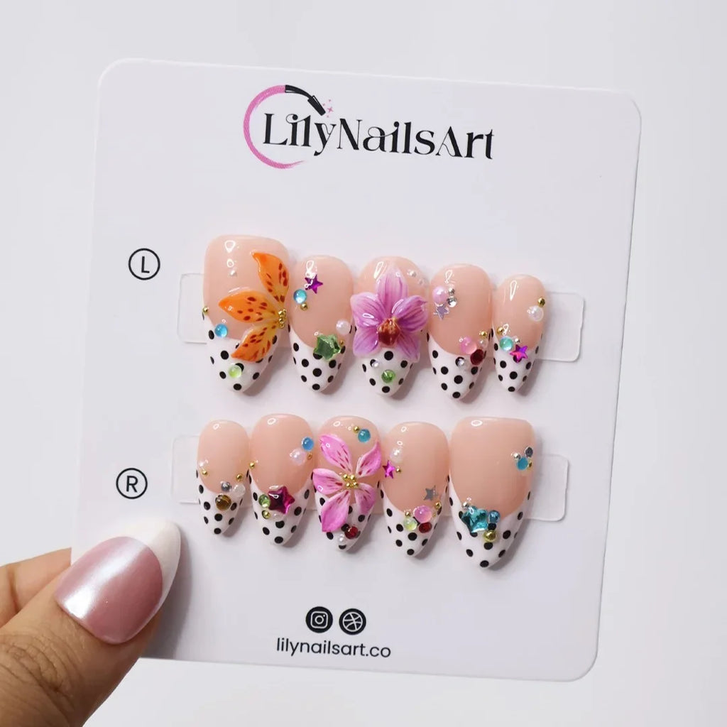 Confetti Purple Orange 3D Floral Press On Nails