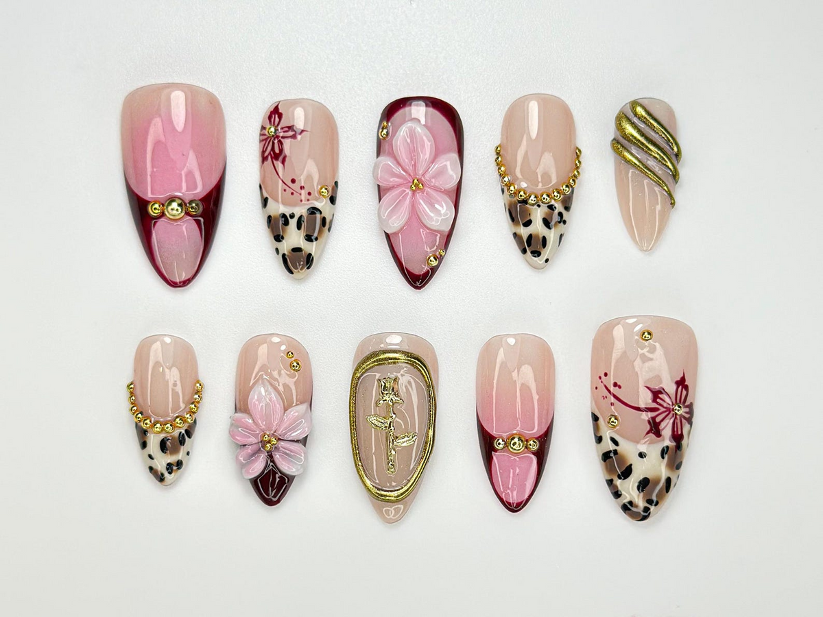 Pink Leopard Glam Press On Nails 3D Floral & Cheetah Print Nails Burgundy Gold Accent Nail Set Handmade Art Press Ons OC102HC