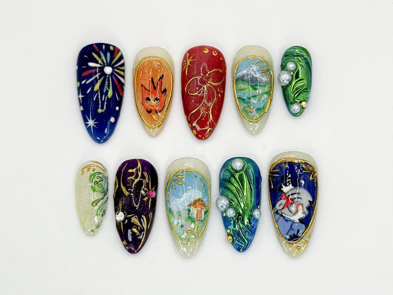 Howl's Moving Castle Press-On Nails Studio Ghibli Inspired Nail Art Unique Handmade Anime Nails Custom Ghibli Nail Design OB593LC