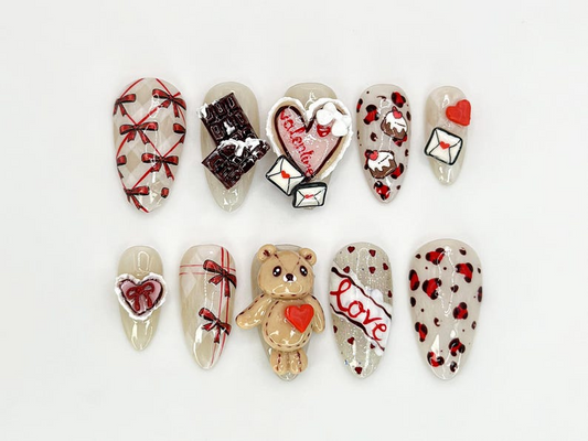 3D Teddy Valentine Press On Nails Cute Teddy Bear and Hearts Design Handmade 3D Nail Set 3D Valentine Nail ArtOB632HC