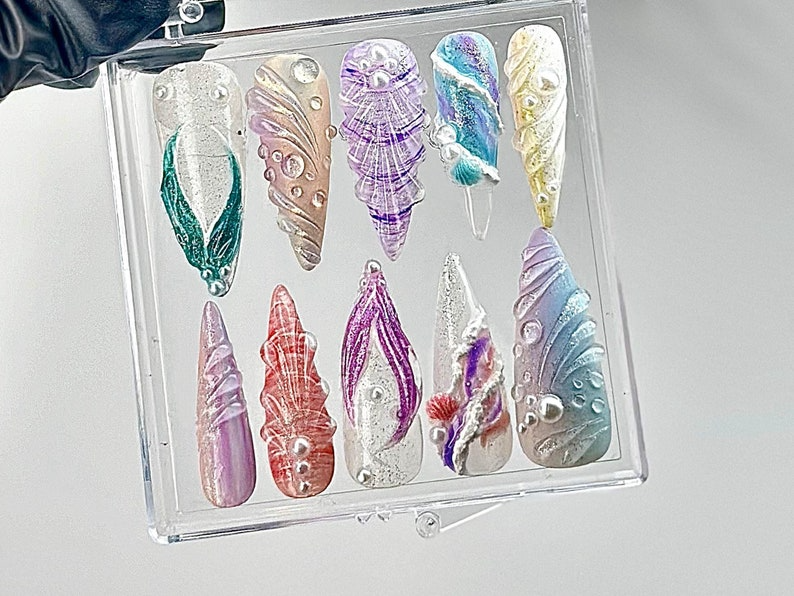 Whimsical Ocean Press On Nails Handmade Mermaid Fake nails Mystical Sea Creature Nail Art Ocean Fantasy Acrylic Nails OB640YC