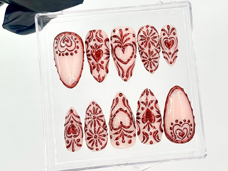 Valentine's Day Red Press On Nails Romantic Red Heart Fake Nails Red and Nude Valentine Almond Nails Chic Red and Nude Nails OC735YK