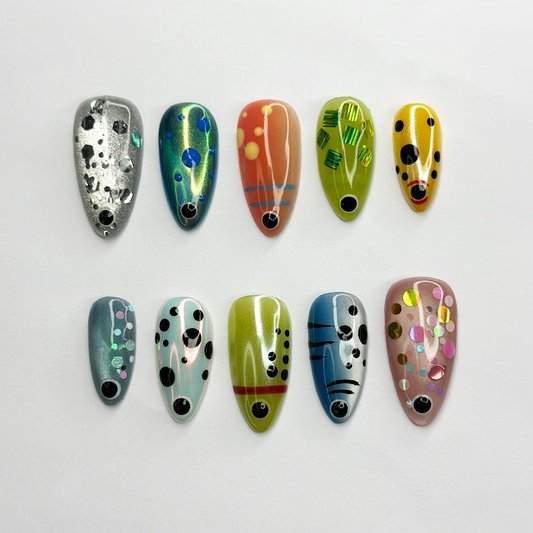 Summer Alien Eye Chrome Press On Nails, Summer Short Almond Abstract Nails, Beach Party