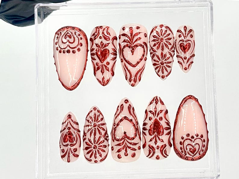 Valentine's Day Red Press On Nails Romantic Red Heart Fake Nails Red and Nude Valentine Almond Nails Chic Red and Nude Nails OC735YK