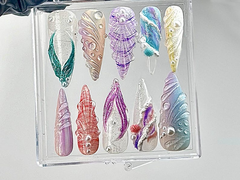 Whimsical Ocean Press On Nails Handmade Mermaid Fake nails Mystical Sea Creature Nail Art Ocean Fantasy Acrylic Nails OB640YC