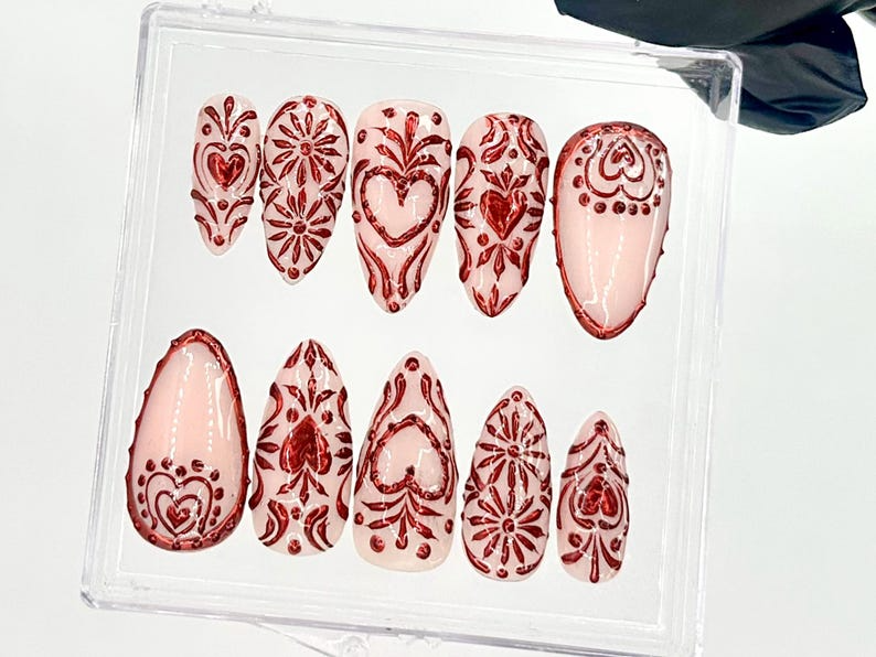 Valentine's Day Red Press On Nails Romantic Red Heart Fake Nails Red and Nude Valentine Almond Nails Chic Red and Nude Nails OC735YK
