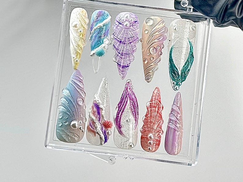 Whimsical Ocean Press On Nails Handmade Mermaid Fake nails Mystical Sea Creature Nail Art Ocean Fantasy Acrylic Nails OB640YC