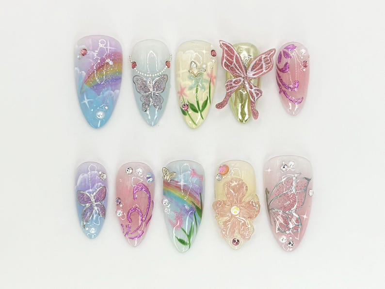 Nature-Inspired Floral Press-On Nails Floral And Butterfly Long Nails Butterfly And Glitter Nails Hand-Painted Nail Art OB634HC