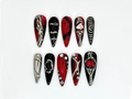 Unique Gothic-Inspired Long Stiletto Nails Edgy Black & Red Metallic Nails Long Stiletto with Silver Details Gothic Style OB589HK