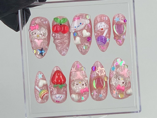 Cute 3D Cartoon Press-On Nails Kawaii Glitter Pink Nail Art Hello Kitty And Strawberry Themed Acrylic Nails Nail CharmsCustom|OB575Y