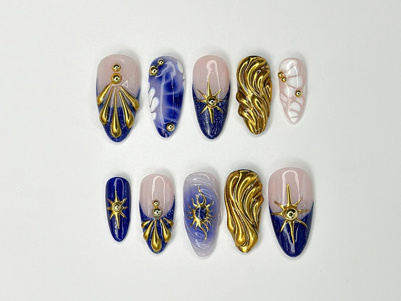 Luxurious Gold and Blue Press On Nails Handcrafted Press On Nails with Elegant Shell and Star Designs Perfect Choice for you OC309SL