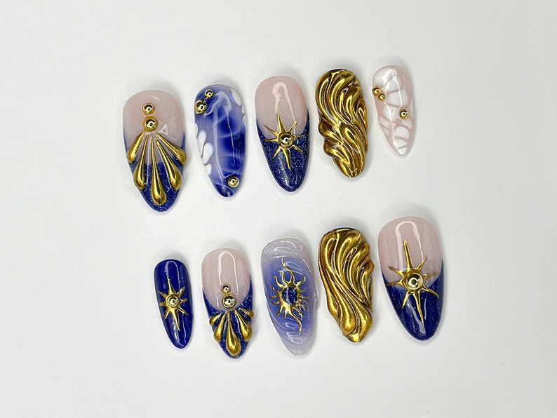 Luxurious Gold and Blue Press On Nails Handcrafted Press On Nails with Elegant Shell and Star Designs Perfect Choice for you OC309SL