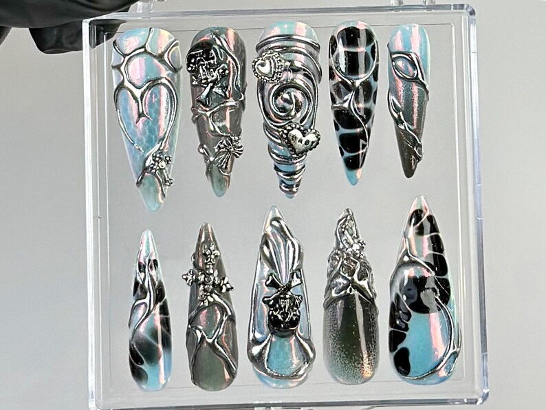 Gothic Black Chrome Press On Nails Cyberpunk 3D Press Ons Holographic 3D Fake Nails Gothic, Y2K, Dark Nail Art Gothic NailsOC773YC