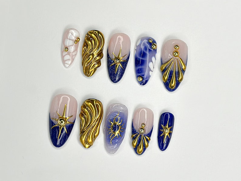 Luxurious Gold and Blue Press On Nails Handcrafted Press On Nails with Elegant Shell and Star Designs Perfect Choice for you OC309SL