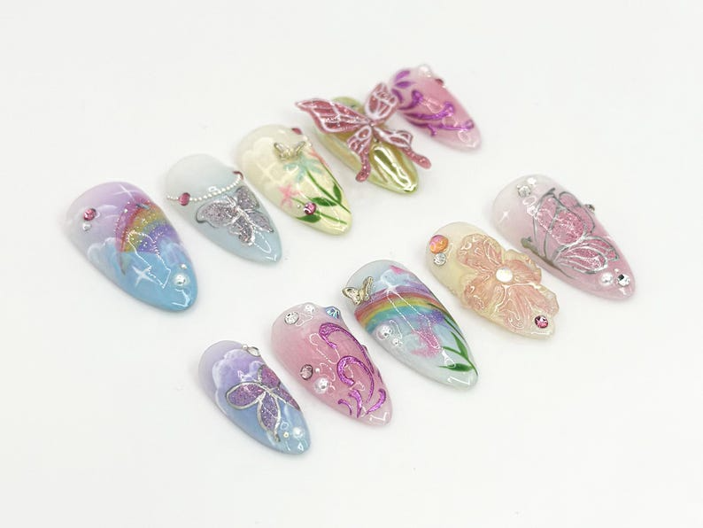 Nature-Inspired Floral Press-On Nails Floral And Butterfly Long Nails Butterfly And Glitter Nails Hand-Painted Nail Art OB634HC