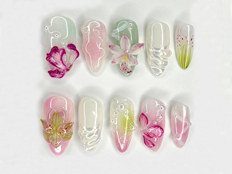 Orchid Dreams 3D Press On Nails Delicate Hand-Painted Flowers Handmade Nail Art with Soft Blossoms Soft Pastel Tones OC519H