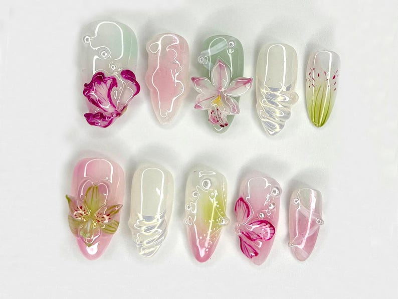 Orchid Dreams 3D Press On Nails Delicate Hand-Painted Flowers Handmade Nail Art with Soft Blossoms Soft Pastel Tones OC519H