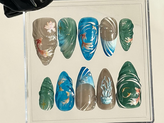 Artistic Aquarium-Themed Almond Nails Japanese Koi Fish Nail Art Water-Inspired Fake Nails Watercolor-Style Koi Fish Nails OB730YK