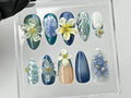 Elegant 3D Floral Press On Nails Hand-painted Acrylic Spring Fake Nails Ocean Blue and Pearl Nail Art Nail Charms Press OnsOB439TL