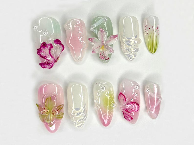Orchid Dreams 3D Press On Nails Delicate Hand-Painted Flowers Handmade Nail Art with Soft Blossoms Soft Pastel Tones OC519H
