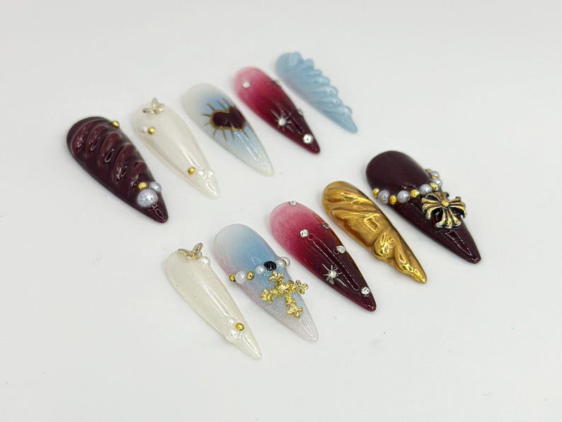 Luxury Gothic Press On Nails Sacred Heart & Gold Details Pearl, Cross Nail Art Gothic Religious Nail Set Trendy Nail Set OB678HK