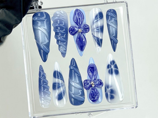 Mystical Midnight Blooms Press On Nails 3D Floral Fantasy Nail Art Dreamy Night Garden Acrylic Nails Hand-Painted 3D Art OC561YK