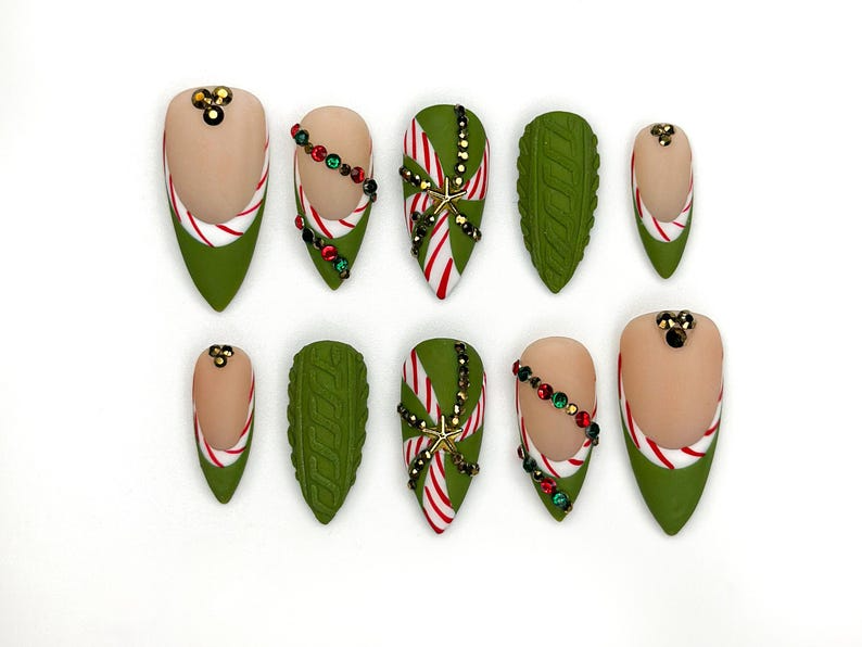 Christmas Press On Nails, Green Holiday Nails, Festive Long Nails, Christmas Gift, Party